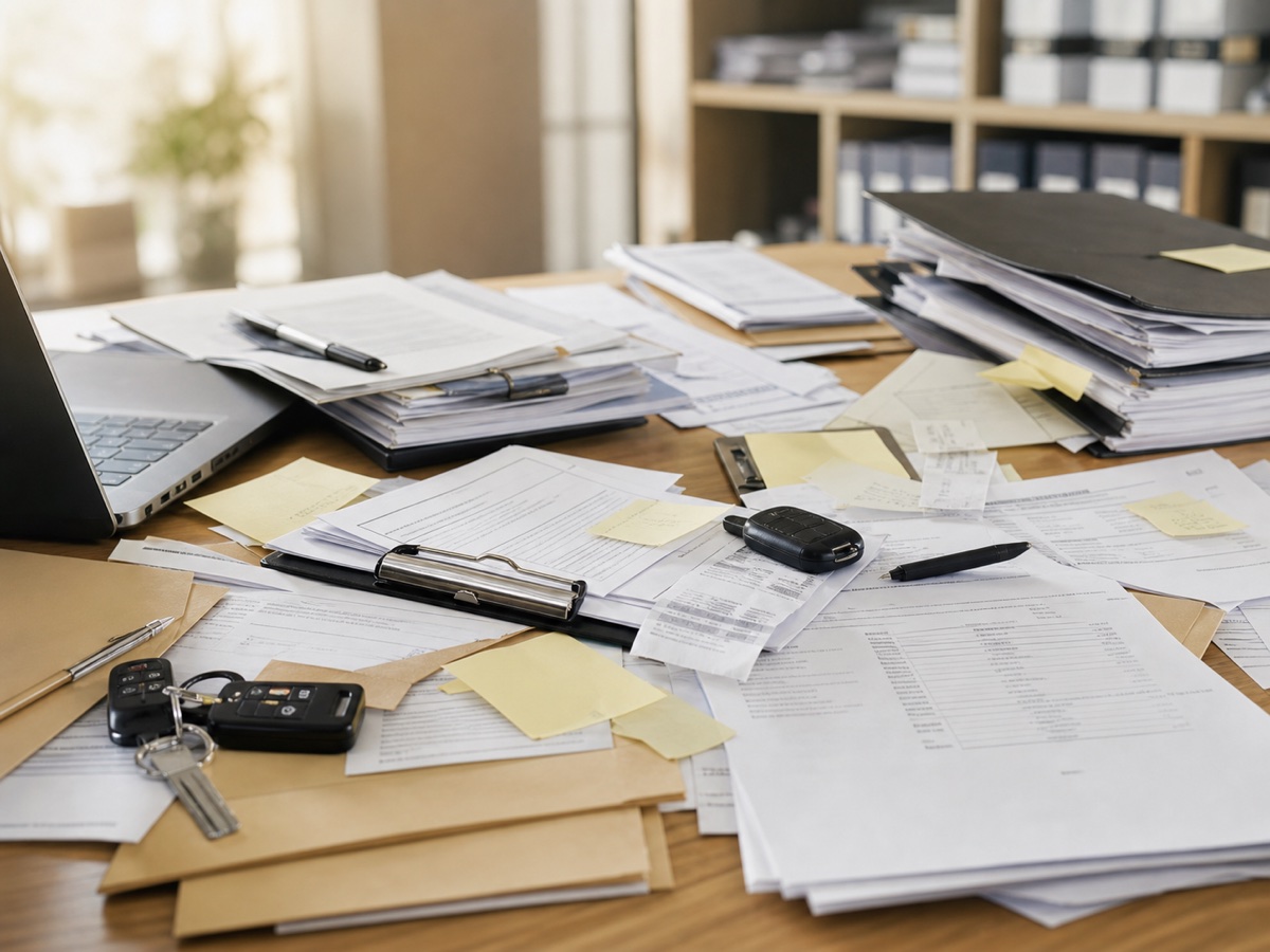 Bureau encombré de contrats, factures et clés de véhicules