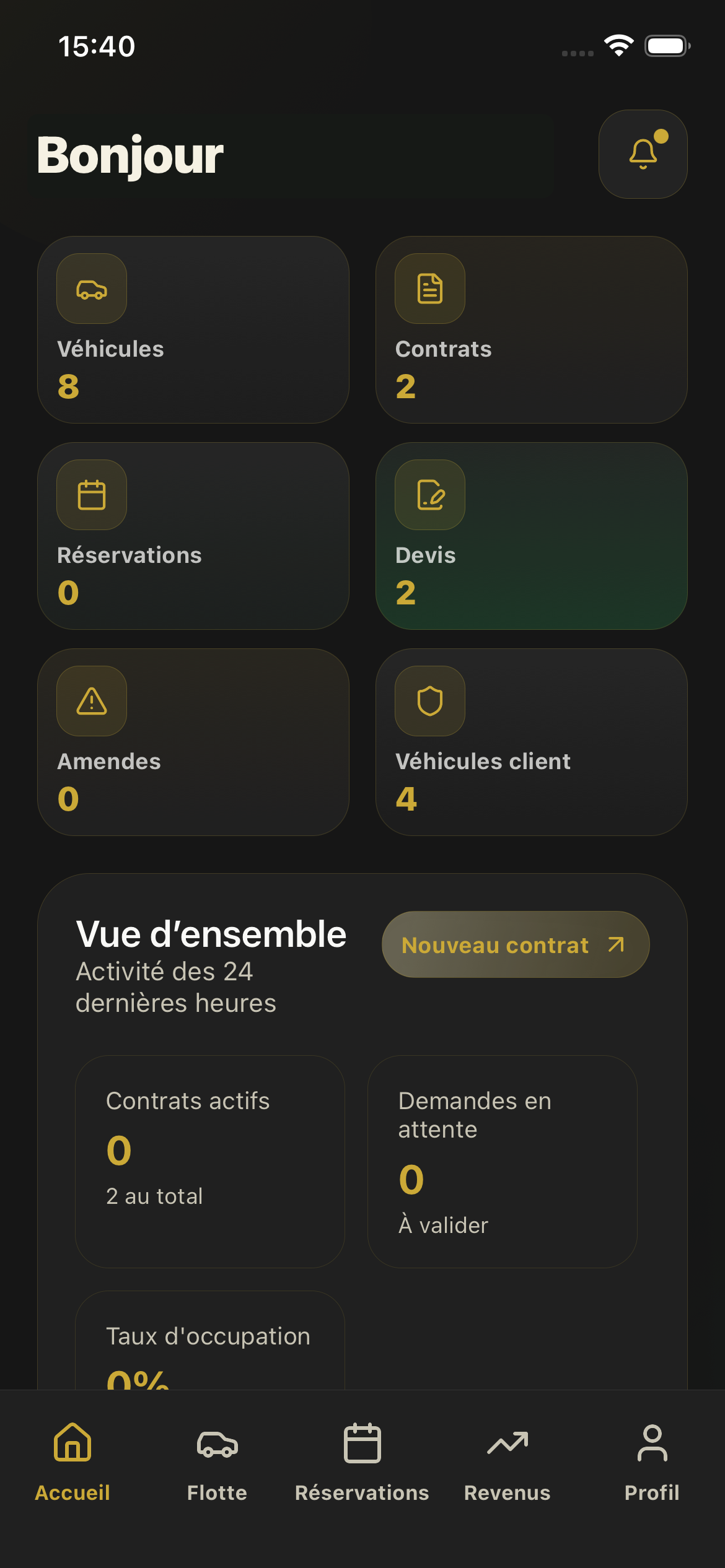 Capture reelle Locatum - Tableau de bord
